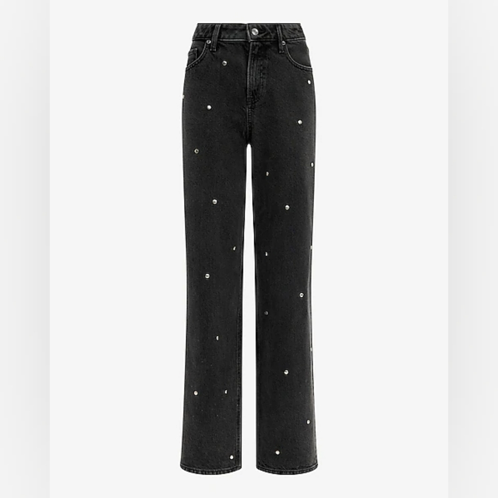 Express High Waisted Black Wash Silver Studded Relaxed Straight Jeans - Size 4L - Picture 7 of 10